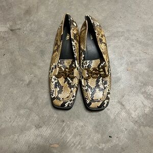 Zara Snake Print Loafers in Brown and Black with Gold Chain